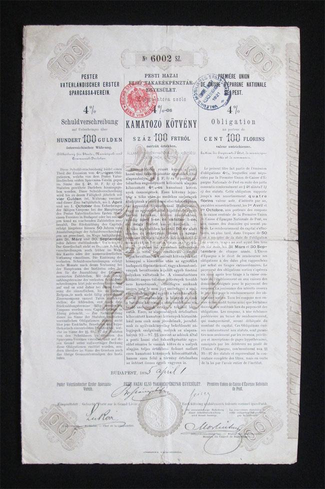 Pesti Hazai Elsõ Takarékpénztár 4% kötvény 100 forint 1895